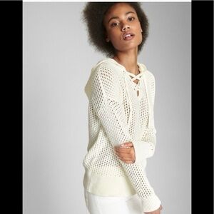 GAP Cream Lace-Up Open Knit Hoodie Sweater